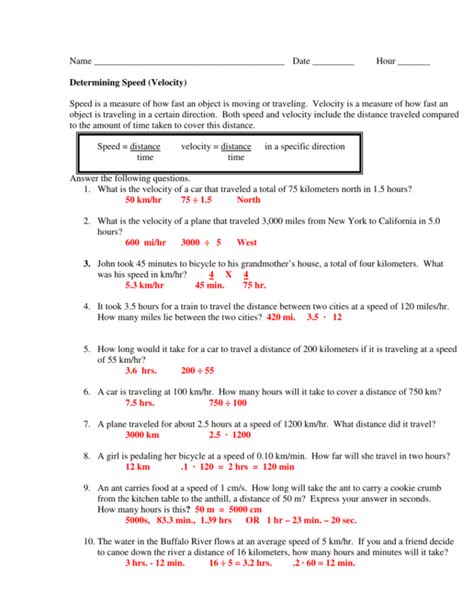 speed and velocity worksheet answers physics classroom